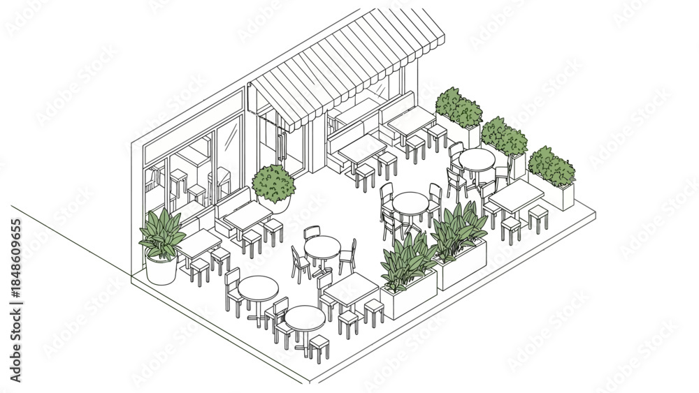 Obraz premium Restaurant Patio Furniture and Planters Illustration.