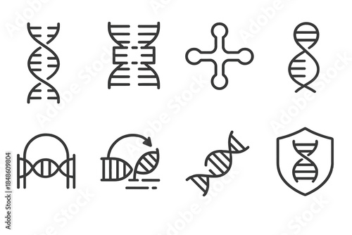 DNA Repair Icons. DNA Repair Dynamics linear set: double-strand break icon, nucleotide excision patch, repair enzyme symbol, mismatch correction loop, chromatin access gate,