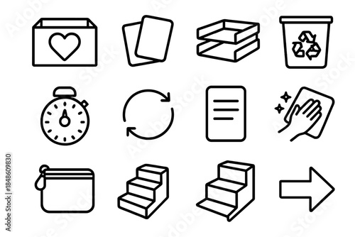 Organizational Tools Icons. Clutter Clarity Tools linear set: donation box, keep-or-release cards, sorting trays, category labels, recycling bin, time block timer, reset routine