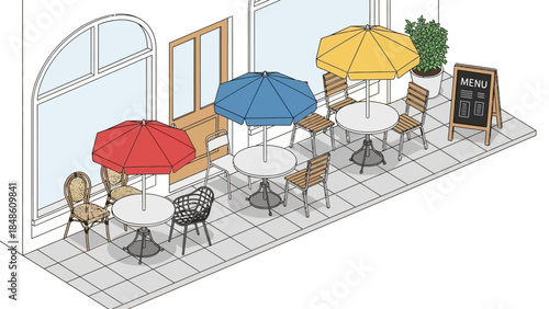 Outdoor Patio Furniture with Colorful Umbrellas.