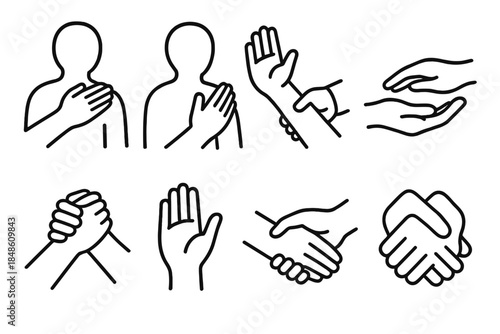 Helping Hands Icons. Helping gesture set linear set: supportive touch, guiding wave, hand-under-hand assist, reassurance palm, pull-up gesture, steady guidance, offer help sign,