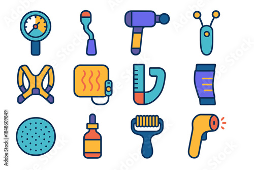 Wellness Therapy Instruments. Professional Wellness Instruments flat set: calibrated tension gauge, cryotherapy applicator, percussive therapy module, microcurrent wand, posture