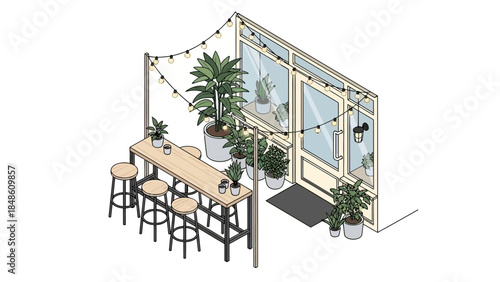 Outdoor Patio Furniture with Potted Plants.