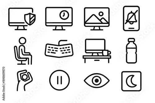 Healthy Screen Practice Icons. Healthy Screen Practices linear set: blue-light filter icon, screen-break reminder, calm display, notification mute bell, posture silhouette,