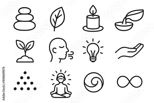 Elements of Holistic Harmony. Holistic Growth & Nurturing linear set: balanced stones, herbal leaf, soft candle, watering bowl, growth sprout, mindful breath icon, warm light,