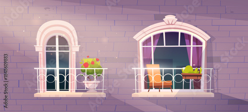 Antique building facade with arch windows, balcony