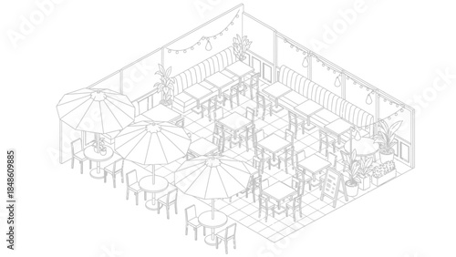 Detailed Line Drawing of Outdoor Restaurant Scene.