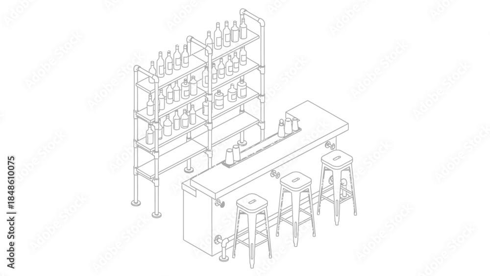 Obraz premium Line Drawing of Bar with Stools and Shelves.