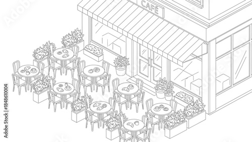 Restaurant Patio with Tables and Chairs.