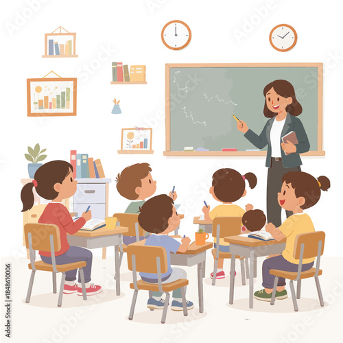 A classroom scene where a teacher is instructing young students at their desks with a whiteboard in the background