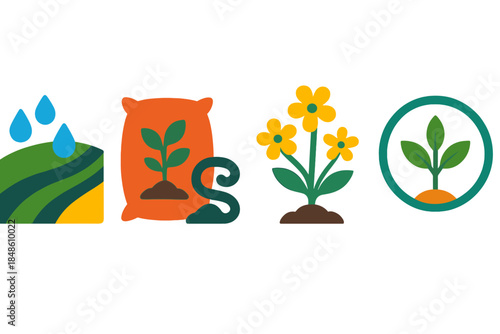 Sustainable Farming Icons. Sustainable Agriculture Models flat set: water-conservation strip, organic-fertilizer coil, native-plant node.