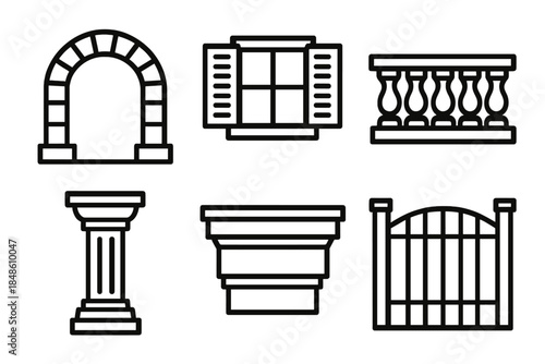 Architectural Icon Set. Architectural Outdoor Features linear set: stone arch, shuttered window, terrace edge, support column, cornice line, gate frame.