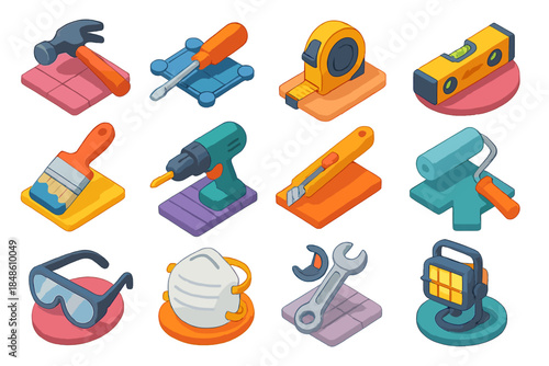 3D Renovation Tool Icons. Home Renovation Essentials flat isometric set: hammer tile, screwdriver node, measuring tape bar, level tool ring, paintbrush patch, power drill stripe,