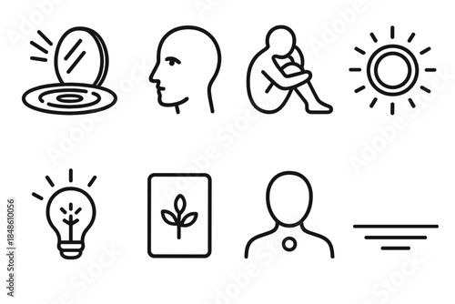 Reflective Icon Set. Reflection Concept Set linear set: calm mirror ripple, thoughtful gaze dot, quiet moment tile, reflective light ring, insight spark, gentle pause card, inner