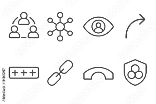 Holistic Care Icons. Holistic Care Integration Set linear set: cross-team connector, resource-sharing node, whole-person lens, guidance pathway arrow, integrated service strip,