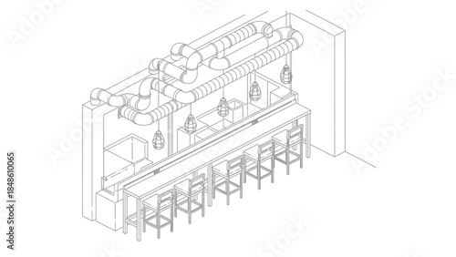 Detailed Line Drawing of Modern Bar Counter.