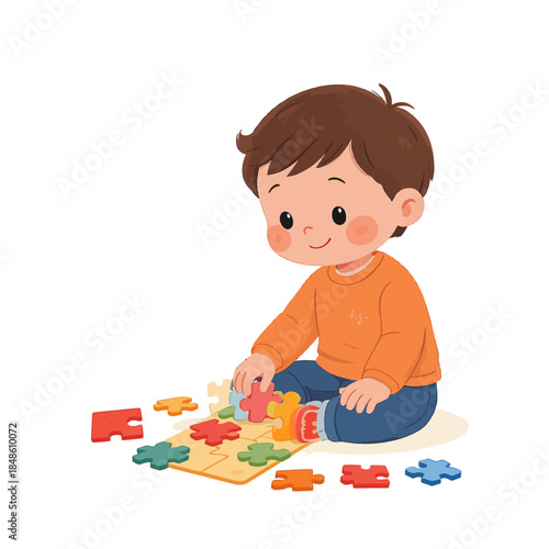Delighted young child immersed in assembling a vibrant jigsaw puzzle, actively enhancing early cognitive development and problem-solving abilities through focused educational playtime