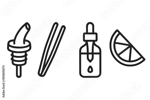 Mixology Tool Icons. Mixology Essentials linear set: pour spout, garnish tong, flavor-drop bottle.