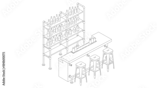 Line Drawing of Bar with Stools and Shelves.