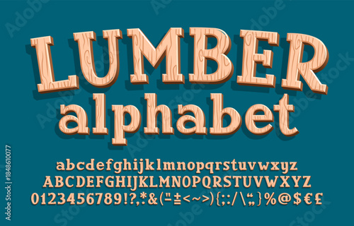 Lumber alphabet font. This full set includes cheerful uppercase and lowercase letters, numbers, and various symbols. A ready-to-use stock vector asset for your projects.