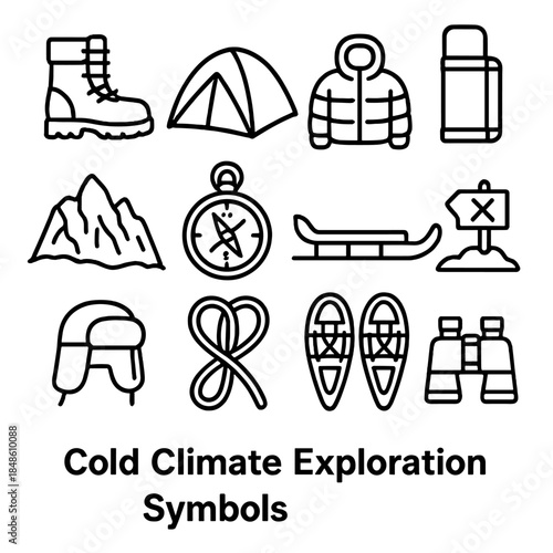 Cold Expedition Icons. Cold Climate Exploration Symbols linear set: snow trail boots, tundra tent, insulated jacket, thermal flask, icy ridge line, polar compass, expedition sled,