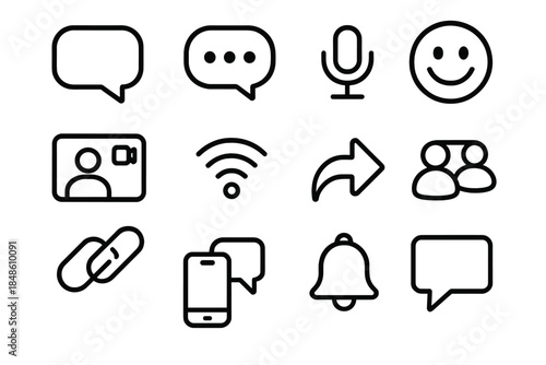 Modern Communication Icons. Modern Communication Habits linear set: chat bubble, typing dots, voice note icon, video call frame, status ping, emoji reaction, link share tile, quick