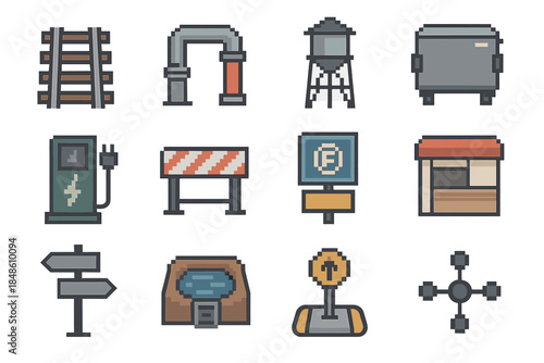 Urban Infrastructure Icons. Urban Services Infrastructure set of icons in flat pixel vector style: streetcar rail, district heating pipe icon, water tower, waste compactor unit,