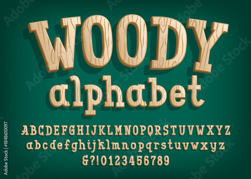Woody alphabet font. Cartoon uppercase and lowercase letters, numbers and symbols. Stock vector typeface for your design.