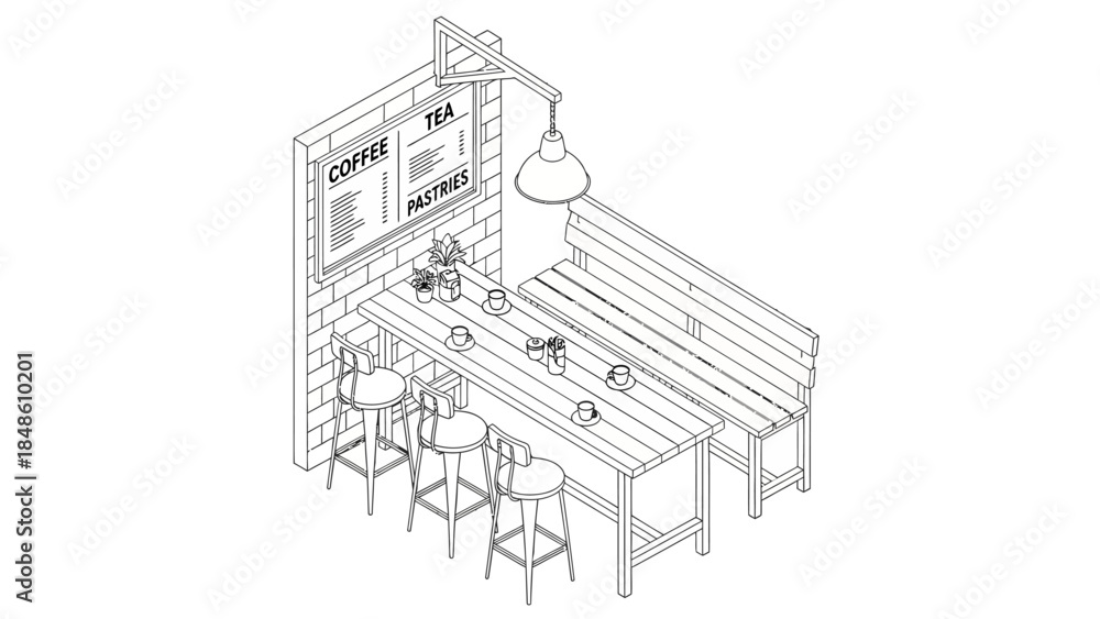 Obraz premium Simple Line Drawing of Coffee Shop Interior.