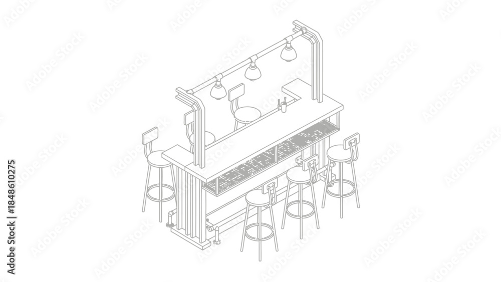 Obraz premium Bar with Stools and Overhead Lighting.
