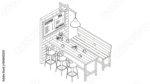 Simple Line Drawing of Coffee Shop Interior.