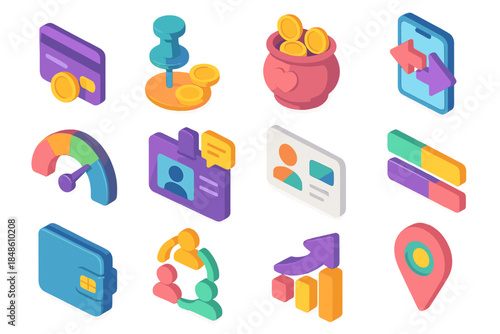 Colorful Financial Icons. Financial Access Expansion flat isometric set: no-minimum account tile, microloan cue node, shared savings pot, mobile-transfer route, fair-credit gauge,