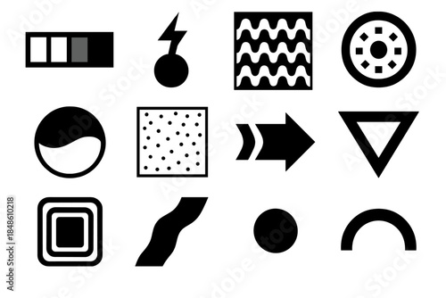 Brutalist Emotion Icons. Strain & Emotion Mapping silhouette set: emotional load bar, tension surge node, stress pattern tile, overwhelm signal ring, mood fluctuation bubble,