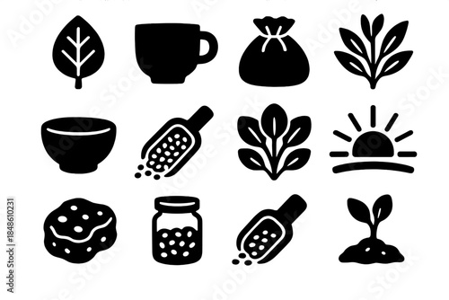 Brutalist Natural Icons. Earth-Grounded Lifestyle Elements silhouette set: forest leaf, clay cup, fiber pouch, fresh herbs, stone bowl, grain scoop, plant cluster, sunlight arc,