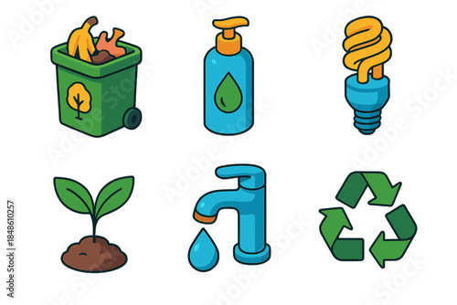 Eco-friendly Icons Set. Sustainable Home Practices isometric flat set: compost bin, refill bottle, energy-efficient bulb, water-saving tap, leafy sprout, recycling loop.