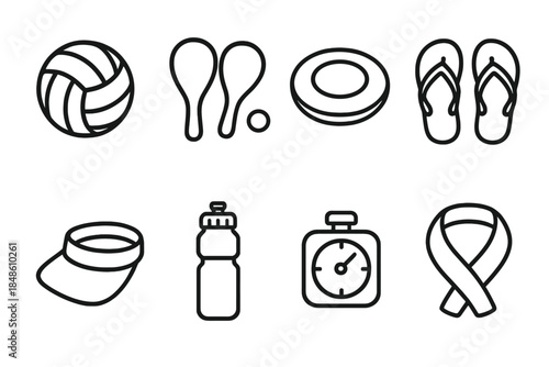 Seaside Sports Gear. Seaside Sports Set linear set: soft-touch volleyball, paddleball kit, beach disc, sport flip-flops, visor shield, water bottle, stopwatch tile, cooling sport