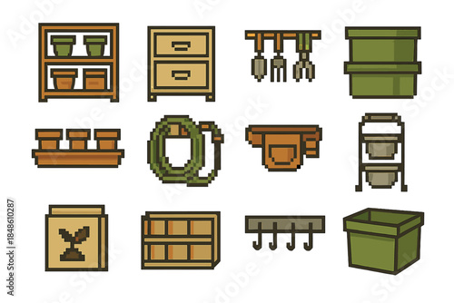 Garden Tools Icon Set. Garden Equipment Arrangement set of icons in flat pixel vector style: shelving unit, labeled drawers, tool hanger bar, storage totes, pot tray, hose station,
