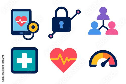 Smart Care Icons. Smart Care Infrastructure flat set: remote vitals monitor, secure data channel, care coordination icon, health platform tile, sync pulse, system integrity meter.