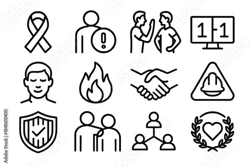 Ethical Sports Icons. Ethical Sporting Behavior linear set: honesty ribbon, responsibility icon, respectful challenge gesture, fair score marker, calm mediation sign, sports spirit