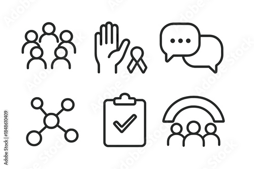 Community Engagement Icons. Community Engagement Elements linear set: group circle, raised hand, dialogue bubbles, support ribbon, connection nodes, shared task, welcome sign,