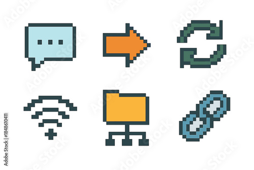 Network Icon Set. Network Communication pixel style set: message bubble, data arrow, sync symbol, wireless wave, shared folder, channel link.