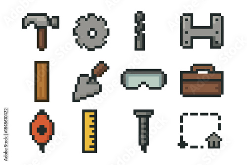 Worksite Tools Icons. Worksite Building Tools pixel style set: hammer icon, saw blade, drill bit, joint bracket, wooden stud, cement spreader, safety goggles, tool crate, cut line