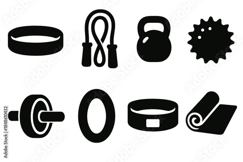 Portable Fitness Icons. Travel-friendly fitness tools silhouette set: resistance loop, portable rope, tiny kettlebell, massage ball, mini wheel, grip ring, hip band, roll-up mat.