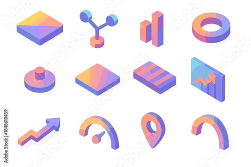 Colorful Probability Icons. Uncertainty Field Concepts flat isometric set: probability tile, outcome node, stochastic bar, risk ring, event cue dot, gradient patch, random variable