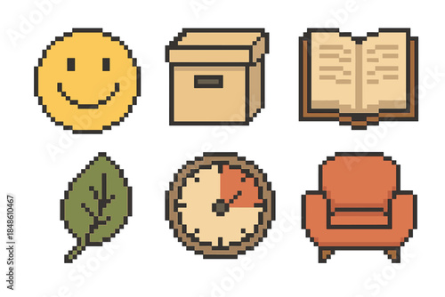 Pixel Positivity Icons. Daily positivity themes pixel style set: smile icon, tidy box, open book, mindful leaf, break timer, cozy chair.