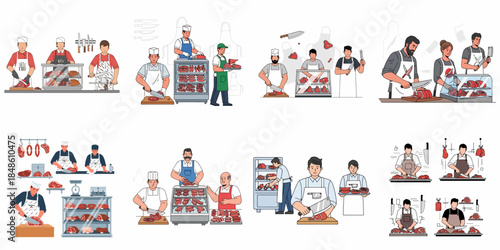 Butcher shop staff illustrations set, depicting workers preparing, cutting, and selling fresh meat, sausages, and steaks using various tools and display cases.
