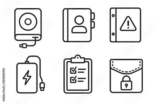 Continuity Icon Set. Continuity Support Set linear set: backup drive, contact directory, contingency binder, resource tracker, power bank, secure pouch.