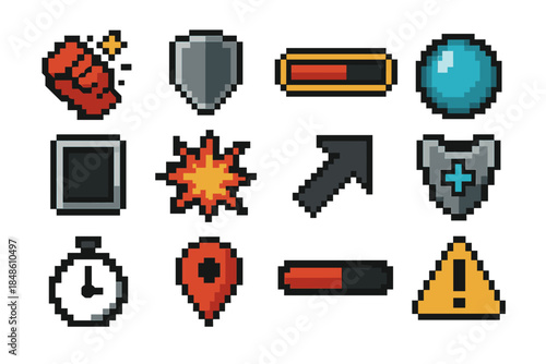 Combat Icon Set. Combat UI Elements set of icons in flat pixel vector style: strike icon, guard symbol, HP gauge, energy sphere, skill slot, damage burst, evade step arrow, armor
