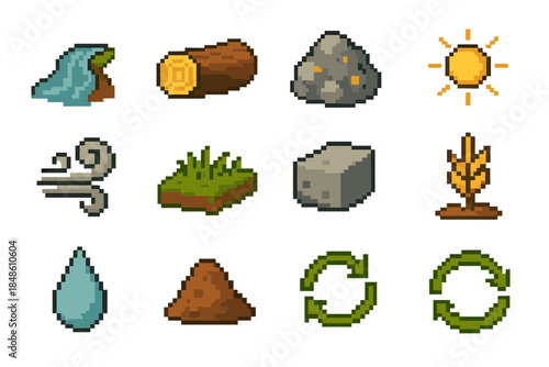 Natural Resource Icons. Natural Resource Use set of icons in flat pixel vector style: freshwater stream, timber log, mineral ore, fertile soil patch, sun energy icon, wind swirl,
