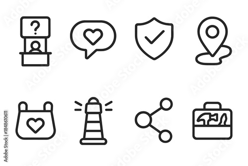 Neighborhood Aid Icons. Neighborhood Micro-Help linear set: tiny aid desk, message chip, support badge, pathway marker, shared pouch, calm beacon, helper node, micro toolkit.